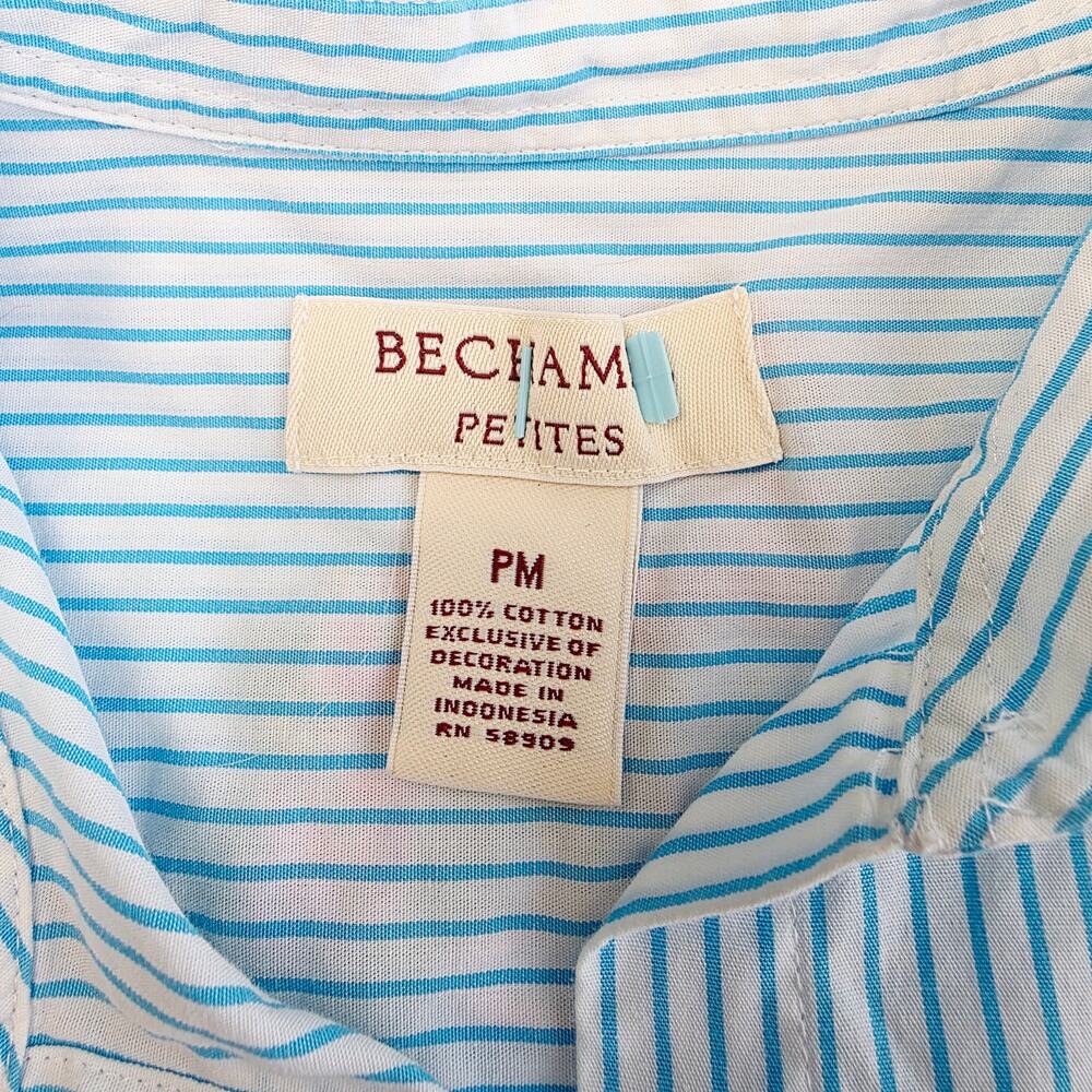Bechamel Petite Blouse Button Up Medium Blue Stripe Flamingo Embroidery Tropical - Picture 9 of 11